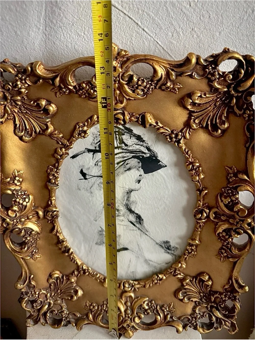 Antique Victorian Style Gold Gilt Oval Frame BW Drawing Ornate Rococo Porcelain